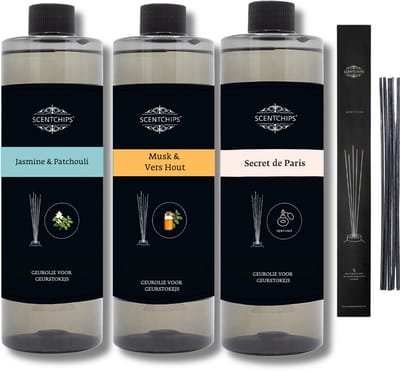 Navulling Jasmine & Patchouli + Musk & Vershout + Secret de Paris + Geurstokjes - Geurstokjes Navulling Set van 3 + 5 Geurstokjes - Geurverspreider - Luchtverfrisser - Huisparfum - 400ml x 3