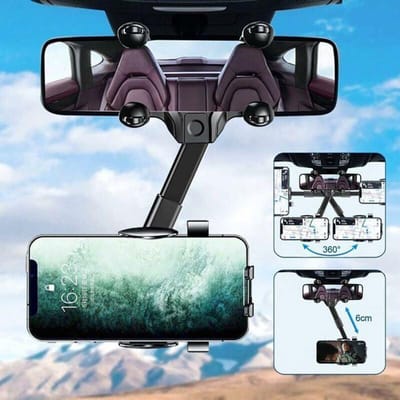Autosteun Achteruitkijkspiegel, 360° Rotatie, Telefoonhouder voor Smartphone van 4 tot 7 Inch zwart
