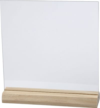 Glazen plaat met houten voet, afm 15,5x15,5 cm, dikte 28 mm, 10 set