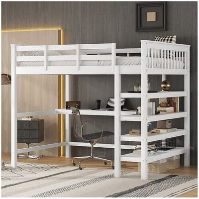 Merax Hoogslaper 140 x 200 cm met bureau en opbergplanken - Grenenhout + MDF - Wit