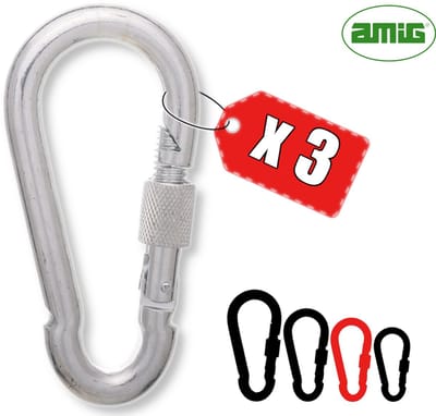 AMIG Karabijnhaak 7x70mm met Schroefsluiting Verzinkt Staal 180kg Musketonhaak Set - 3 Stuks