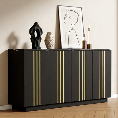 OKWISH Dressoir – Opbergkast Met 4 Deuren – 140×35×70 cm – Verstelbare Indeling – Voor Woonkamer En Hal – Zwart Met Goud