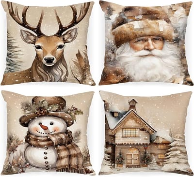 Set van 4 Vintage Kerst Kussenhoezen 40 x 40 cm voor Woonkamer, Slaapkamer en Bankdecoratie met Kerstman Motief