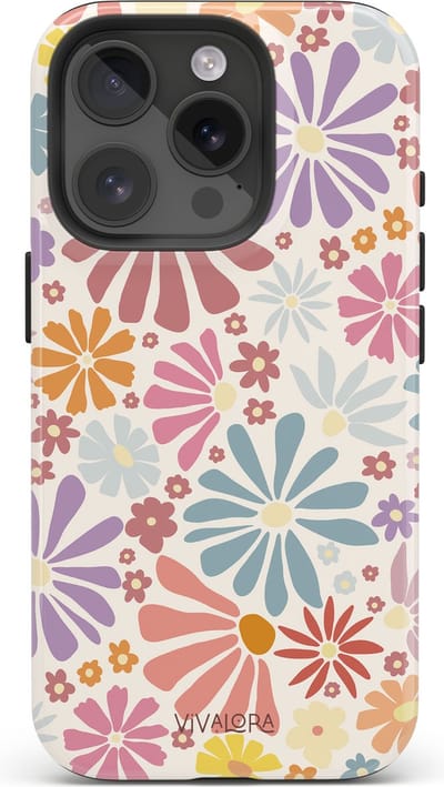 VivaLora Tough Telefoonhoesje iPhone 16 Pro Met Magsafe - Bloemenprint - Bloom Bliss Print - 2-in-1 Phone Case - Hard Case & Siliconen Backcover - Extra Bescherming - Shockproof Cover - Pastelkleuren - Blauw, Roze, Oranje, Geel