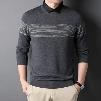Automne et Hiver Nouveau T-shirt à Manches Longues Pull Faux Deux-pièces Style Coréen Décontracté Col de Chemise Tricoté Chemise de Fond XXXL gray