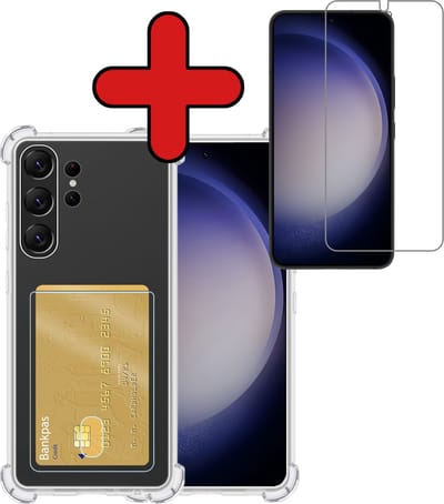 Hoesje - Geschikt voor Samsung Galaxy S23 - Met Screenprotector - Pashouder - Kaarthouder - Back Cover - Telefoon Hoes Shockproof - Siliconen Case - Shock Proof - Pasjes Houder - Telefoonhoes - Transparant