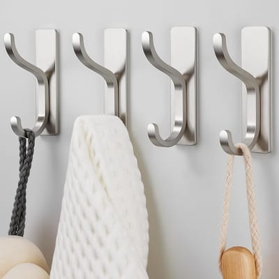 Zware Zelfklevende Haakjes voor Ophangen: Ideaal voor Jassen, Handdoeken en Keukenaccessoires, 4 Stuks in Geborsteld Zilver, Houdt Tot 6 kg