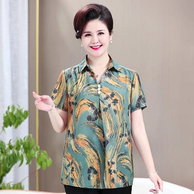 Oudere moeder shirt met korte mouwen zomer damesoverhemden damespak van middelbare leeftijd plus maat 3XL
