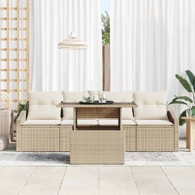 vidaXL - Tuinbank - Set - met - kussen - 5 - pcs - beige - en - crèmekleurig - poly - rattan