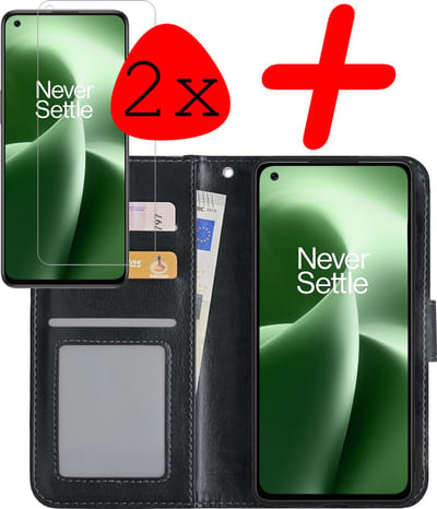 Hoesje Met 2x Screenprotector - Geschikt voor OnePlus Nord 2T - Luxe Pasjeshouder - Bookcase Portemonee - Flip Case - Kunstleer Book Case - Flipcase Hoes - Book Cover - Walletcase - Portemonneehoes - Zwart