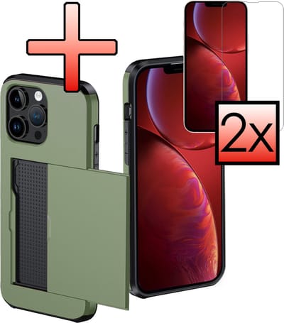 Hoes Geschikt voor iPhone 14 Pro Hoesje Pasjeshouder Hard Cover Met 2x Screenprotector Shock Proof Hard Case Hoes Met Kaarthouder - Donkergroen