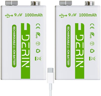 Derin USB-C 9V oplaadbare batterij 2-pack (3700mWh / 411mAh), Snelladen met Kabel, Li-ion, Voor Rookmelders & Apparaten