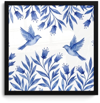 Poster in lijst - Fotolijst 40x40 cm - Posters - Modern - Vogels - Delfts - Blauw - Posterlijst zwart - Decoratie - Wanddecoratie woonkamer - Muurdecoratie slaapkamer