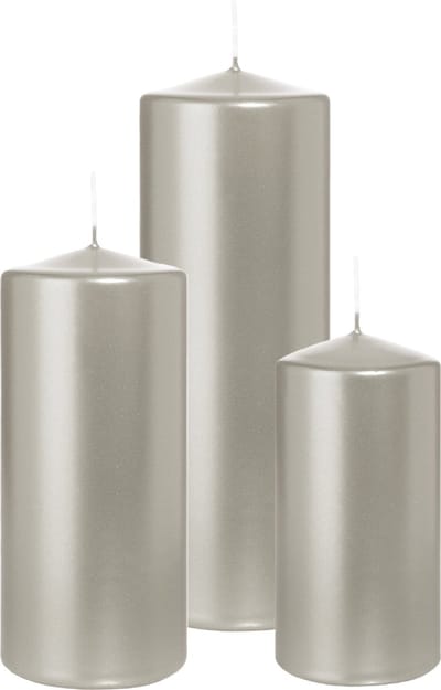 Wiedemann Cilinderkaarsen/stompkaarsen - set van 3 - metallic zilver - 6x12/7x15/7x20 cm
