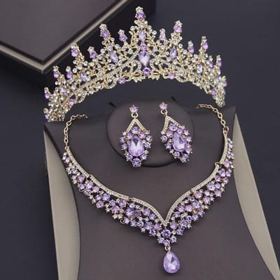 Prachtige Blauwe Kristallen Bruiloft Kroon Ketting Sets Voor Vrouwen Bruids Sieraden Sets Oorbellen Prom gray