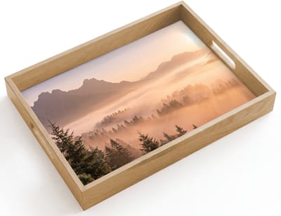 Dienblad hout 40x30 cm - Schootdienblad - Zonlicht - Mist - Bergen - Bomen - Borrelplank rechthoek - Plateau dienbladen