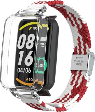 By Qubix - Braided nylon bandje met case - Rood met wit - Geschikt voor Xiaomi Smart Band 7 Pro / Mi Band 7 Pro bandje