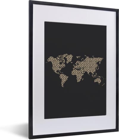Poster in lijst - Fotolijst 30x40 cm - Posters - Wereldkaart - Luipaard - Dieren - Posterlijst zwart - Decoratie - Wanddecoratie woonkamer - Muurdecoratie slaapkamer