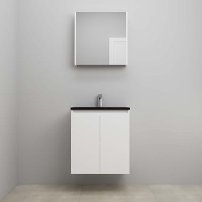 On-Line Badkamermeubelset - 60 cm - Bouwpakket - Greeploze Ladestructuur - Acryl Wastafel - 1 Kraangat - Spiegelkast - Hoogglans Wit