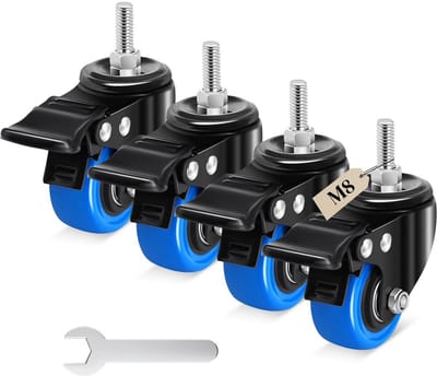 Set van 4 Zware Meubelwielen 50mm met Montage Schroefdraad M8 en Rem - Zwenkwielen voor Kasten en Gereedschapskisten