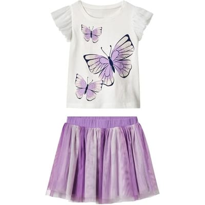 LUPILU Kinder T-shirt en rok (Wit/lila, 98/104)
