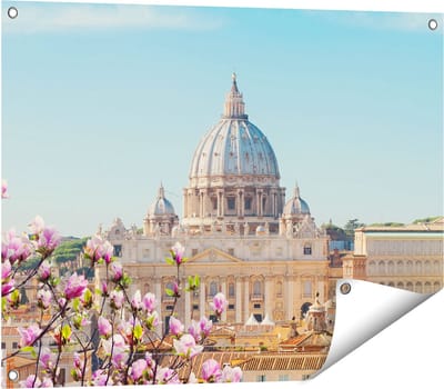 Gards Tuinposter Sint Pietersbasiliek in Rome met Bloemen - 80x60 cm - Tuindoek - Tuindecoratie - Wanddecoratie buiten - Tuinschilderij