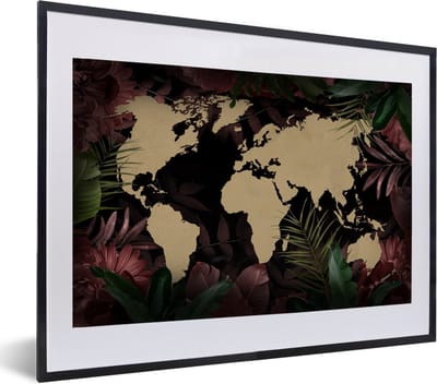 Poster in lijst - Fotolijst 60x40 cm - Posters - Wereldkaart - Tropische planten - Bruin - Posterlijst zwart - Decoratie - Wanddecoratie woonkamer - Muurdecoratie slaapkamer