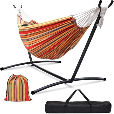 Hangmat met standaard - Schommelbed buiten - Ontspanning in de tuin - Robuust draagvermogen - 27 x 11 meter - Rood