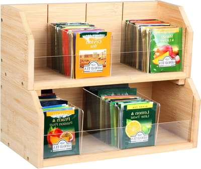 Theeopslagdoos met 8 Compartimenten voor 140 Theezakjes, 2 Niveaus, Verticale Organiser voor Thee, Koffie en Suiker