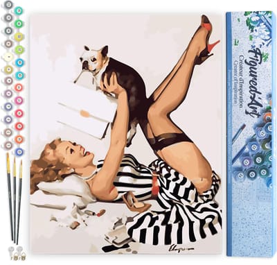 Figured'Art Schilderen op Nummer Volwassenen canvas Pin-up in jurk en haar hond- Handwerk acrylverf Kit DIY Compleet - 40x50cm zonder frame