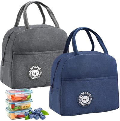 Dailygoods- Lunchtas 2 Stuks - Draagbare Koeltas 7L - Thermotas met Aluminiumfolie - Voedseltas voor Werk/School - Versterkt Handvat - Marineblauw/Grijs