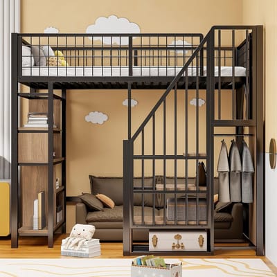 Hoogslaper 90x200 cm met Trap en Opbergkast – Metalen en Houten Bedframe met Bureau- of Opbergruimte Onder Bed – Ruimtebesparend Loft Bed 204 x 143 x 170 cm – Laura