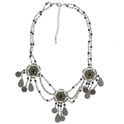 Behave - Ketting dames bloemen zilverkleur zwart - Zaadjes en hangers - 40 cm
