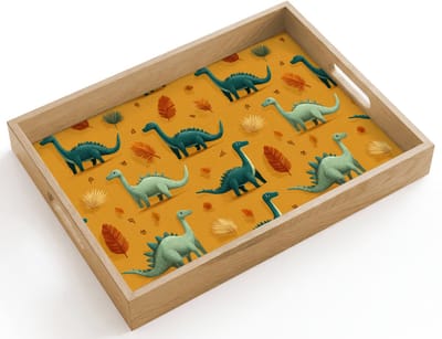 Dienblad hout 40x30 cm - Schootdienblad - Dinosaurussen - Stekels - Herfstbladeren - Bruin - Borrelplank rechthoek - Plateau dienbladen