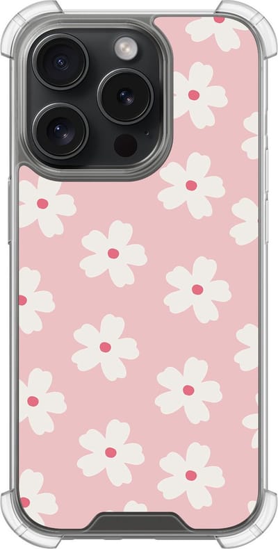 Shockproof hoesje - Geschikt voor iPhone 15 Pro - Roze retro bloempjes - Extra sterke case - TPU/polycarbonaat - Bloemen - Roze, Transparant