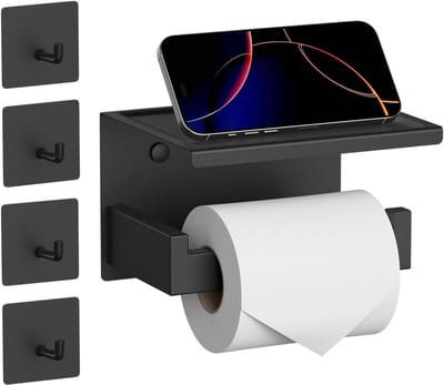Toiletpapierhouder zonder boren met 4 zelfklevende haken - RVS wandmontage met plank voor badkamer, zwart en praktisch ontwerp