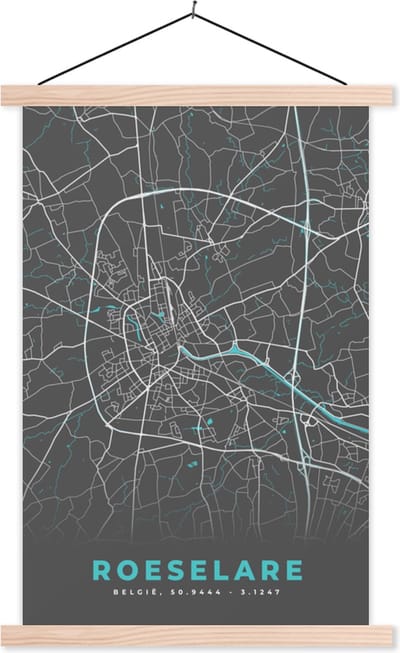 Posterhanger incl. Poster 40x60 cm - Schoolplaat - België – Roeselare – Stadskaart – Kaart – Blauw – Plattegrond - Textielposter - Blanke latten - Stadskaart