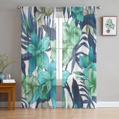 Vintage Bloemen Tropische Plant Transparante Gordijnen voor Woonkamer Transparant Tule Raamgordijn Slaapkamer Keuken Decor Sluier Draperieën 135W x 114H(cm) blue