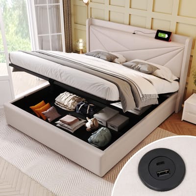STILVORA Tweepersoonsbedden 140x200 cm - Bedbodem Met Lattenrost En USB Opladen - Gestoffeerd Katoenen Bed - Beige