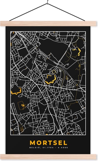 Posterhanger incl. Poster 40x60 cm - Schoolplaat - Kaart - Goud - Stadskaart - Plattegrond - Mortsel - Textielposter - Blanke latten - Stadskaart