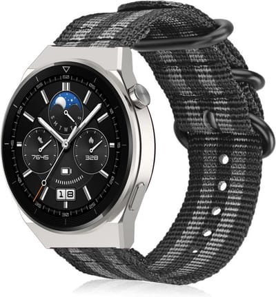 Strap-it Nylon gesp bandje - geschikt voor Huawei Watch GT 1 / GT 2 / GT 3 / GT 3 Pro / GT 4 46mm / GT 5 & 5 Pro (46mm) / GT 2 Pro / GT Runner / Watch 3 (Pro) / Watch 4 (Pro) / Watch Ultimate - zwart/grijs