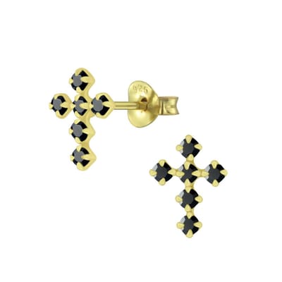 Joy|S - Zilveren kruis oorbellen - 7 x 10 mm - zwart kristal - gold plated