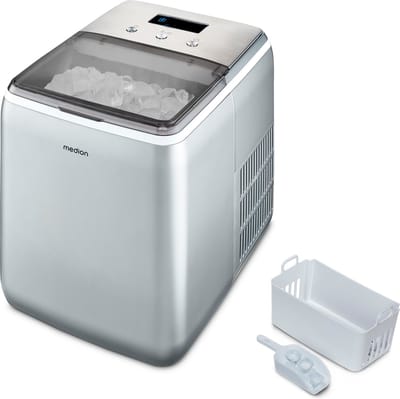 MEDION ijsblokjesmachine (ijsblokjesformaat klein & groot, waterreservoir van 2,6 liter, korte productietijd ca. 10 minuten, kristalheldere ijsblokjes, zelfreinigend, kijkvenster, display, MD11950)