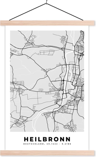 Posterhanger incl. Poster 40x60 cm - Schoolplaat - Plattegrond - Duitsland - Heilbronn - Kaart - Stadskaart - Textielposter - Blanke latten - Stadskaart
