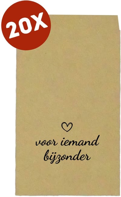 20 kleine kraft cadeauzakjes papier met tekst 'VOOR IEMAND BIJZONDER' - 8,5 x 13,2 cm