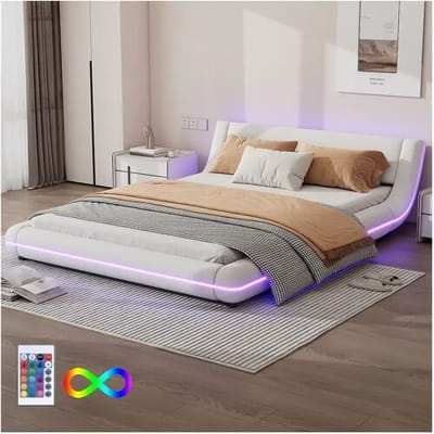 Merax Tweepersoonsbed 140 x 200 cm - Vloerbed - PU-leer - LED-sfeerverlichting met afstandsbediening - Wit