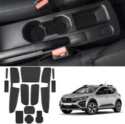 Non-slip Vloermatten Geschikt voor Dacia Sandero 3 en Stepway 3 (2021-2023), Rubber Matten voor Console, Bekerhouder en Deur Seams (Zwart) - Duurzaam, Waterdicht en Antislip