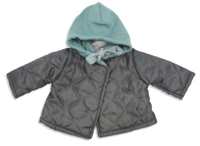 Asi poppenkleding warme jas met capuchon donkergrijs en oudgroen.