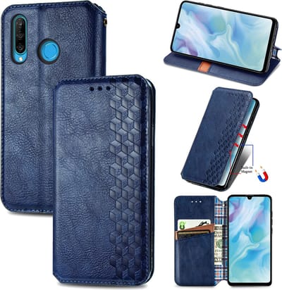 Luxe PU Lederen Ruitpatroon Wallet Case + PMMA Screenprotector voor Huawei P30 Lite _ Blauw