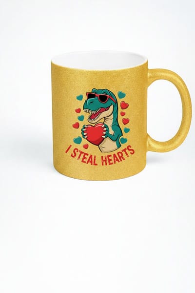 Gouden Glitter Mok met Grappige T-Rex en 'I Steal Hearts' Opdruk - Perfect Valentijn Cadeau